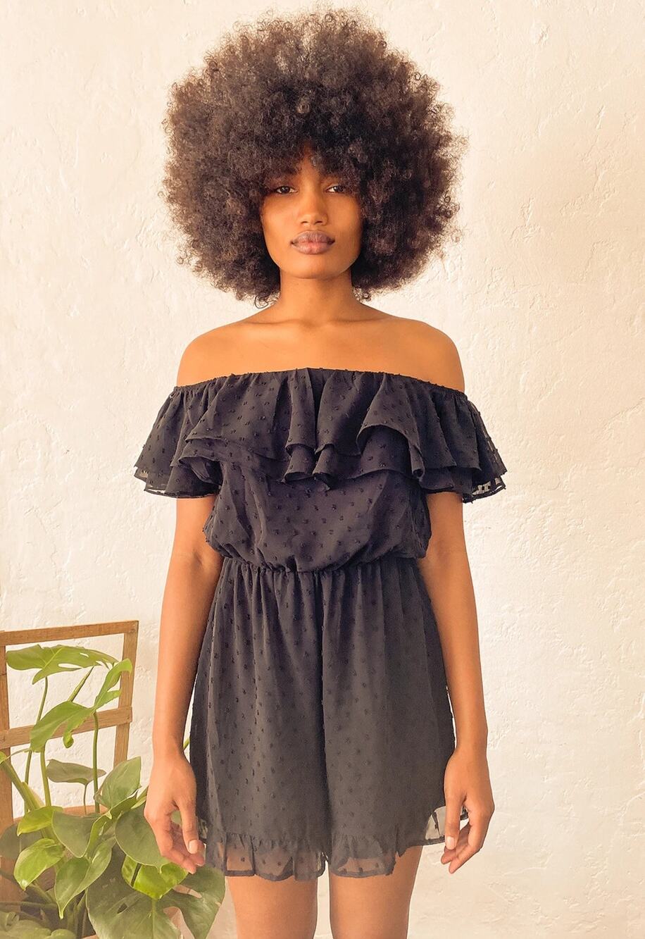 NWT Lulus Frilled To Bits Romper Swiss Dot Off The Shoulder Romper Black Medium